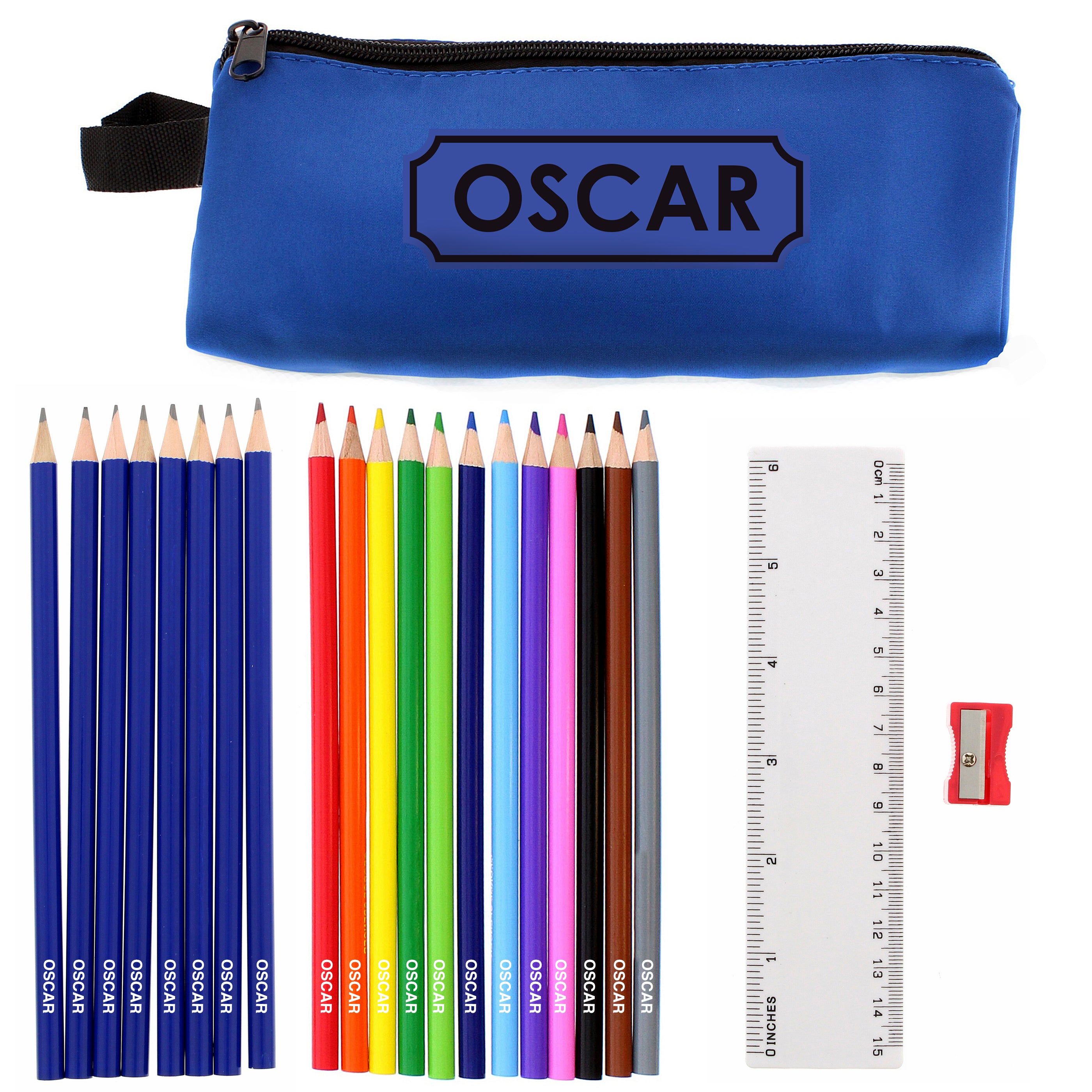 Blue Pencil Case with Personalised Pencils