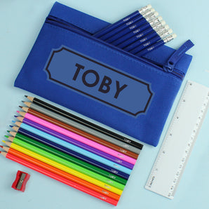 Blue Pencil Case with Personalised Pencils