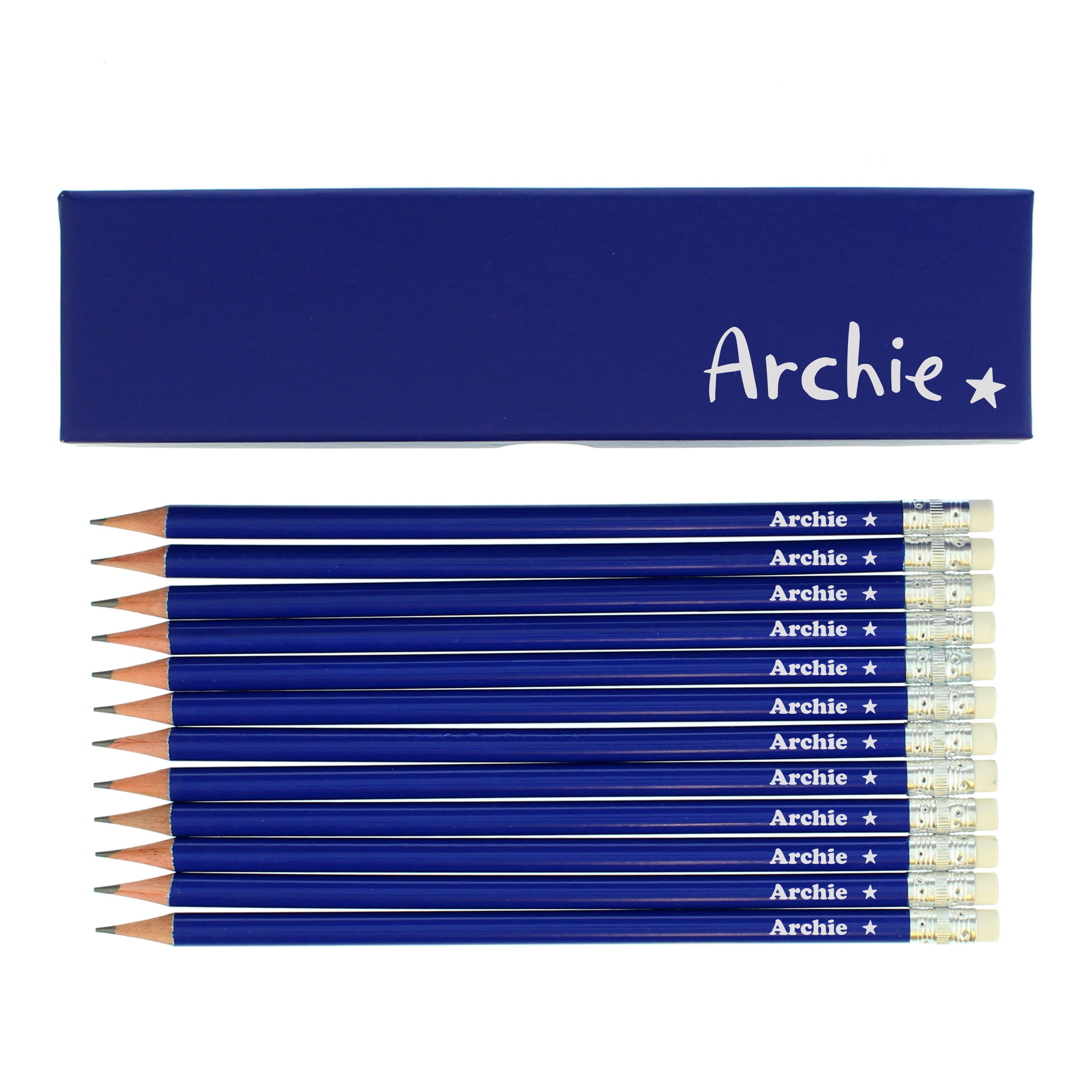 Personalised Star Box and 12 Blue HB Pencils