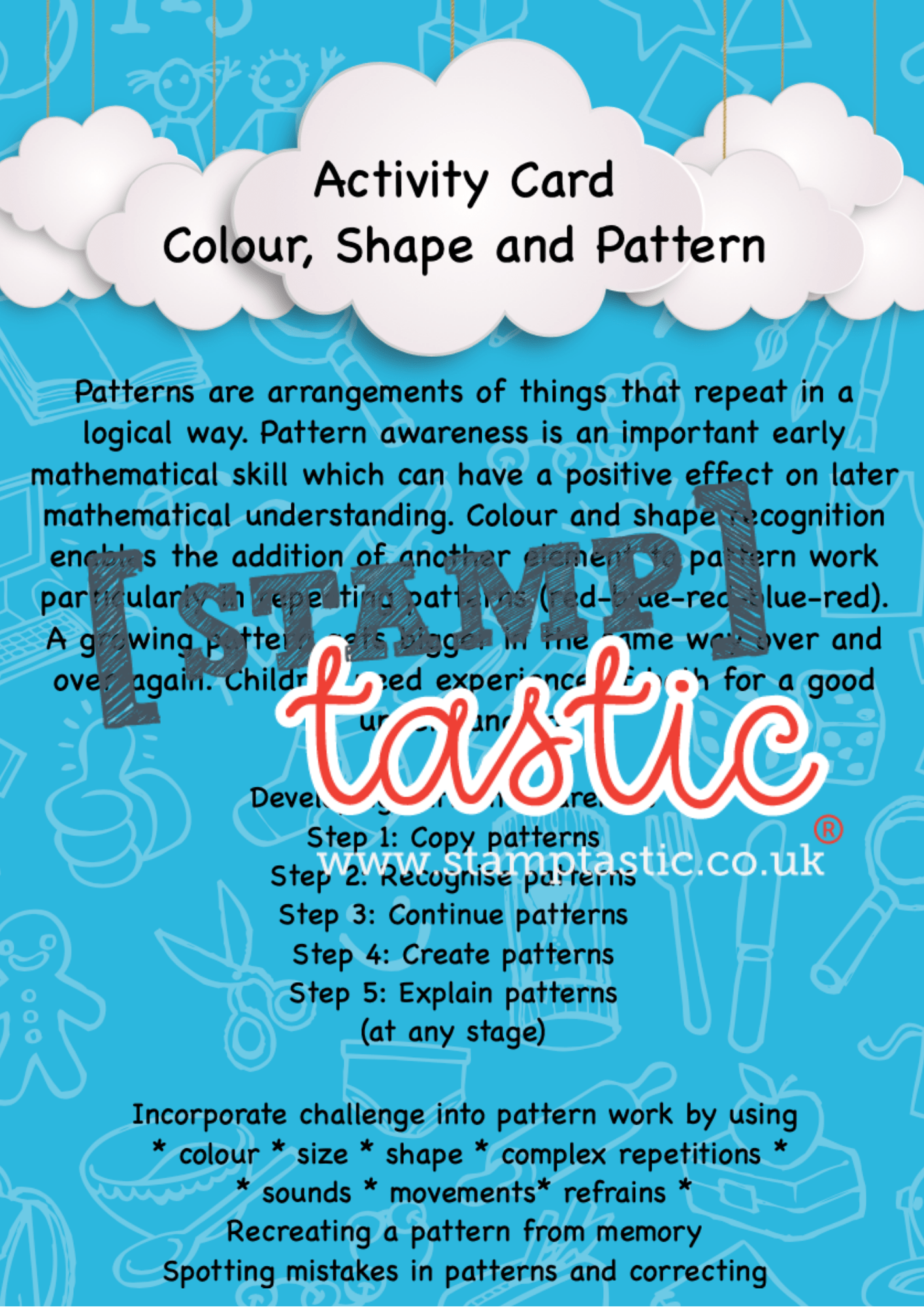 Starting School Free Resource: Colour, Shape and Pattern Activity Card - stamptastic-uk