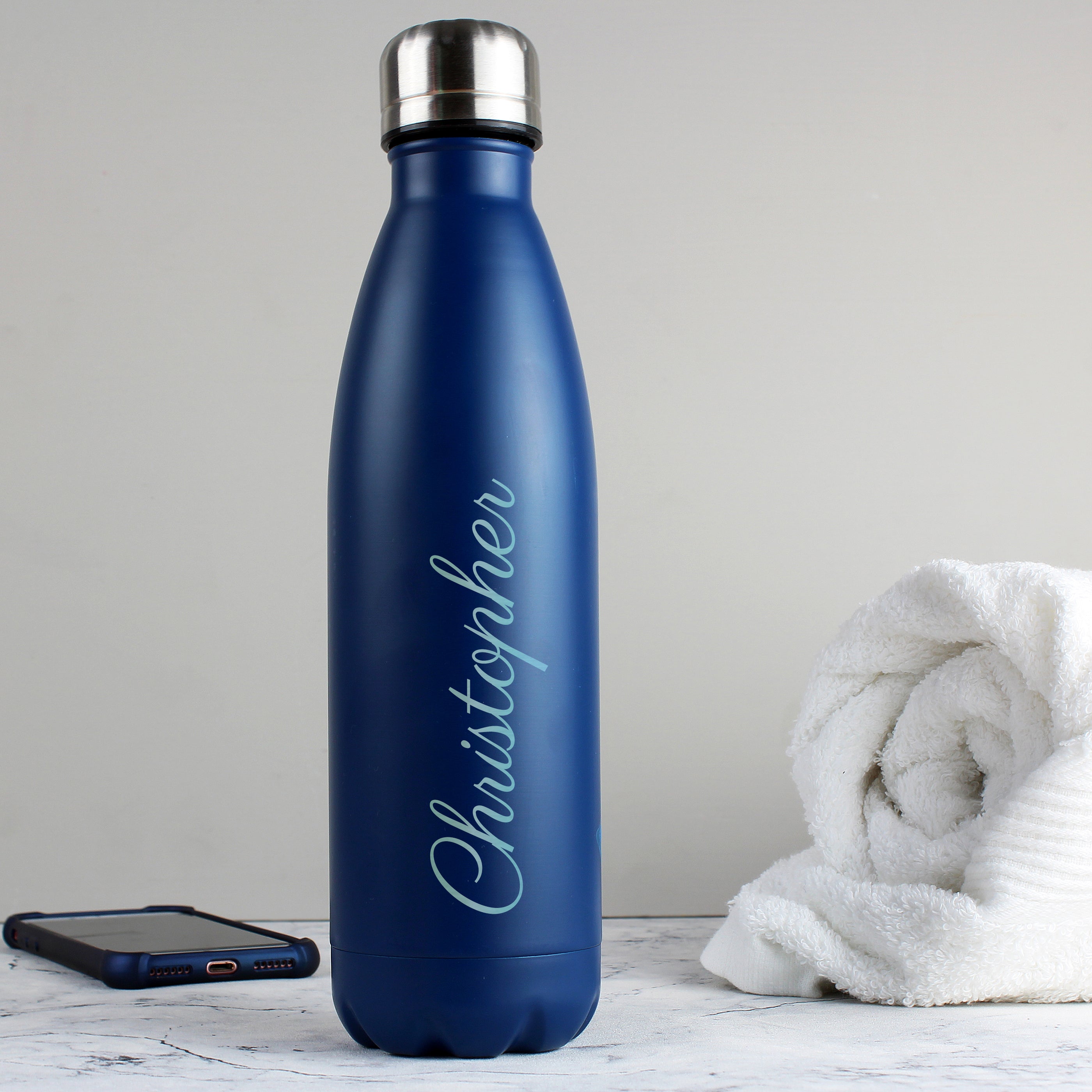 Personalised Blue Metal Insulated Drinks Bottle
