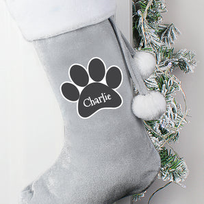 Personalised Paw Print Silver Grey Stocking