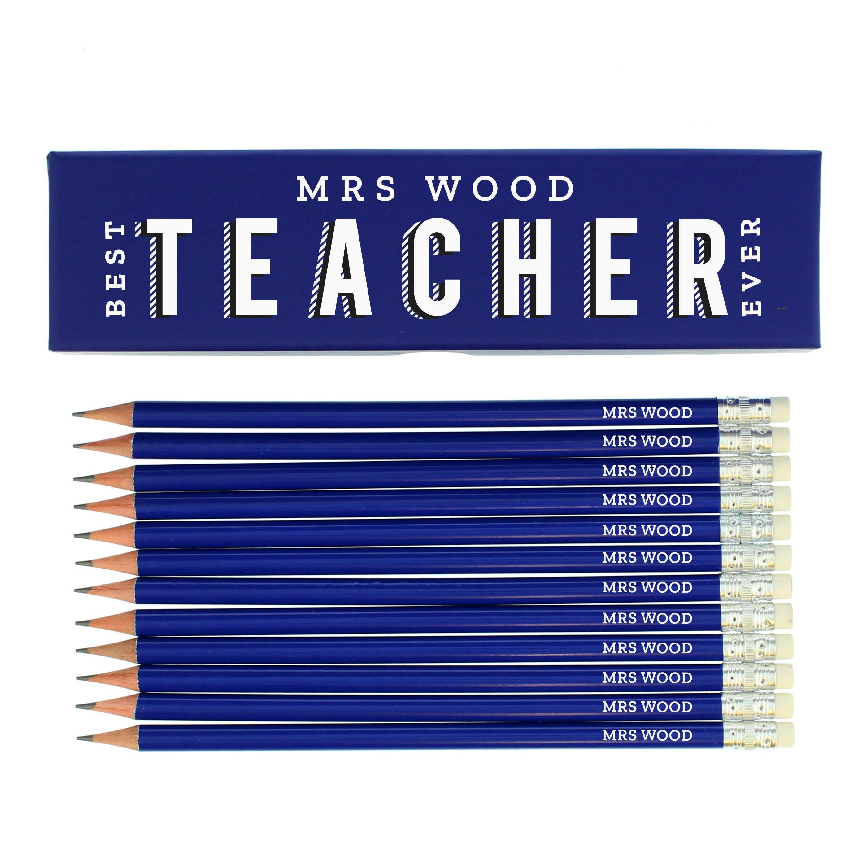 Personalised Best Teacher Ever Box and 12 Blue HB Pencils