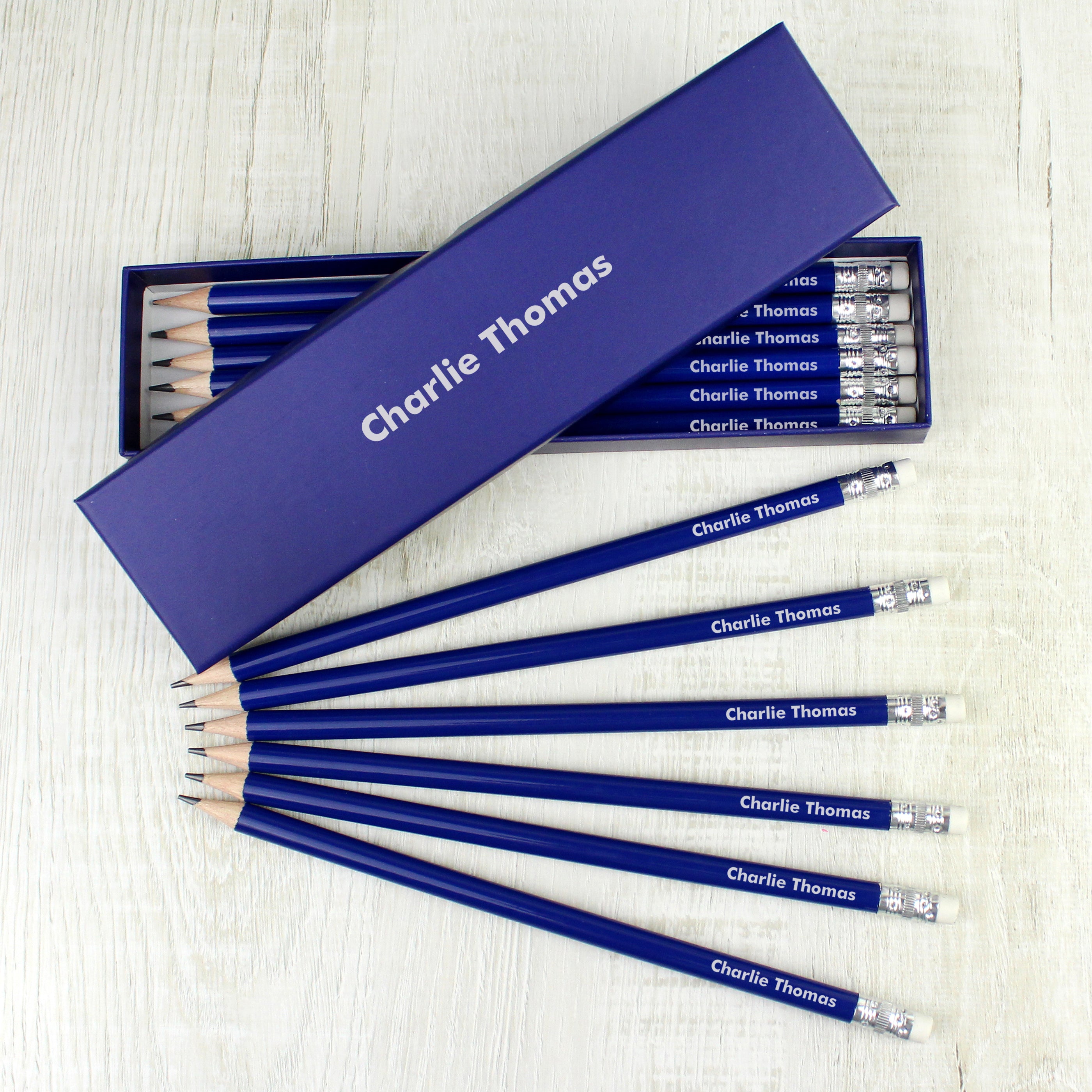 12 Blue Personalised Lead Pencils in a Blue Box