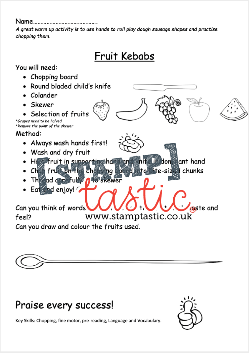 Starting School Free Resource: Fruit Kebab Activity Sheet - stamptastic-uk