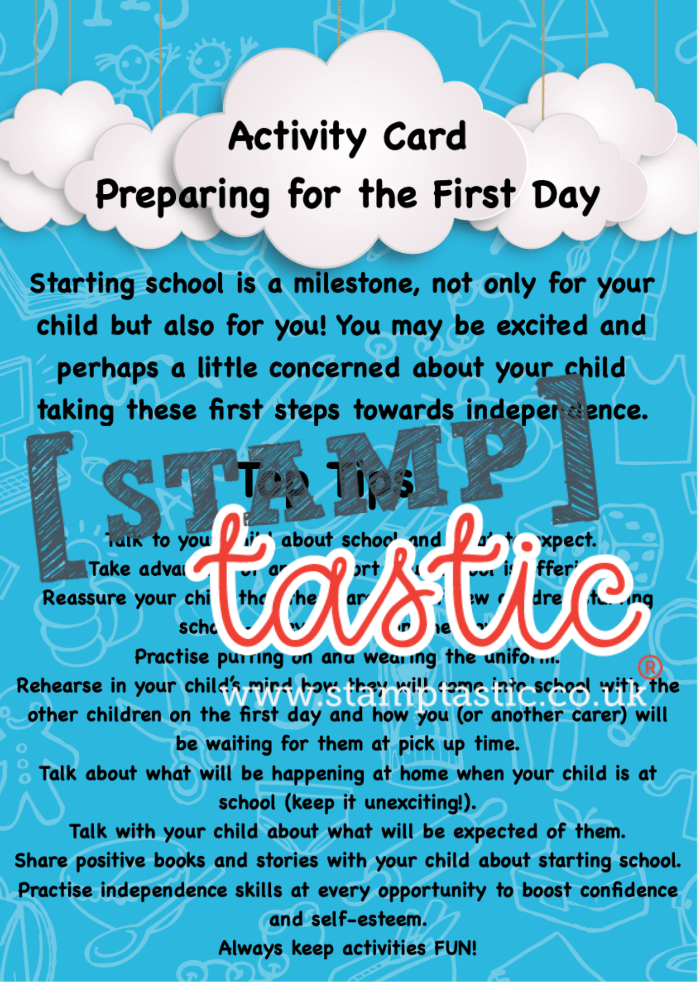 Starting School Free Resource: Preparing For The First Day At School Activity Card - stamptastic-uk